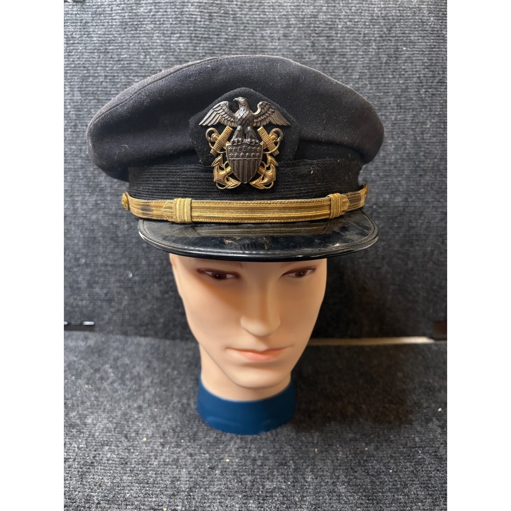 Vintage Bancroft Zephyr US Navy Officer Visor Cap Black Gold Eagle Crest D-27